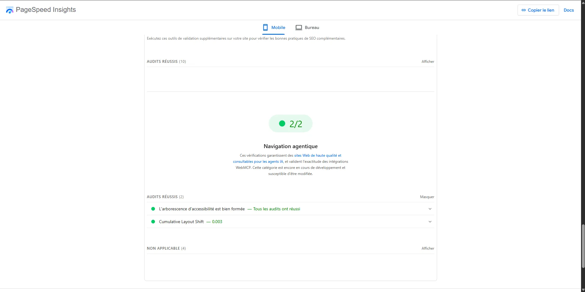 Rapport PageSpeed Insights de stephduma.dev : catégorie Navigation agentique notée 2/2, avec arborescence d'accessibilité bien formée et CLS à 0,003.